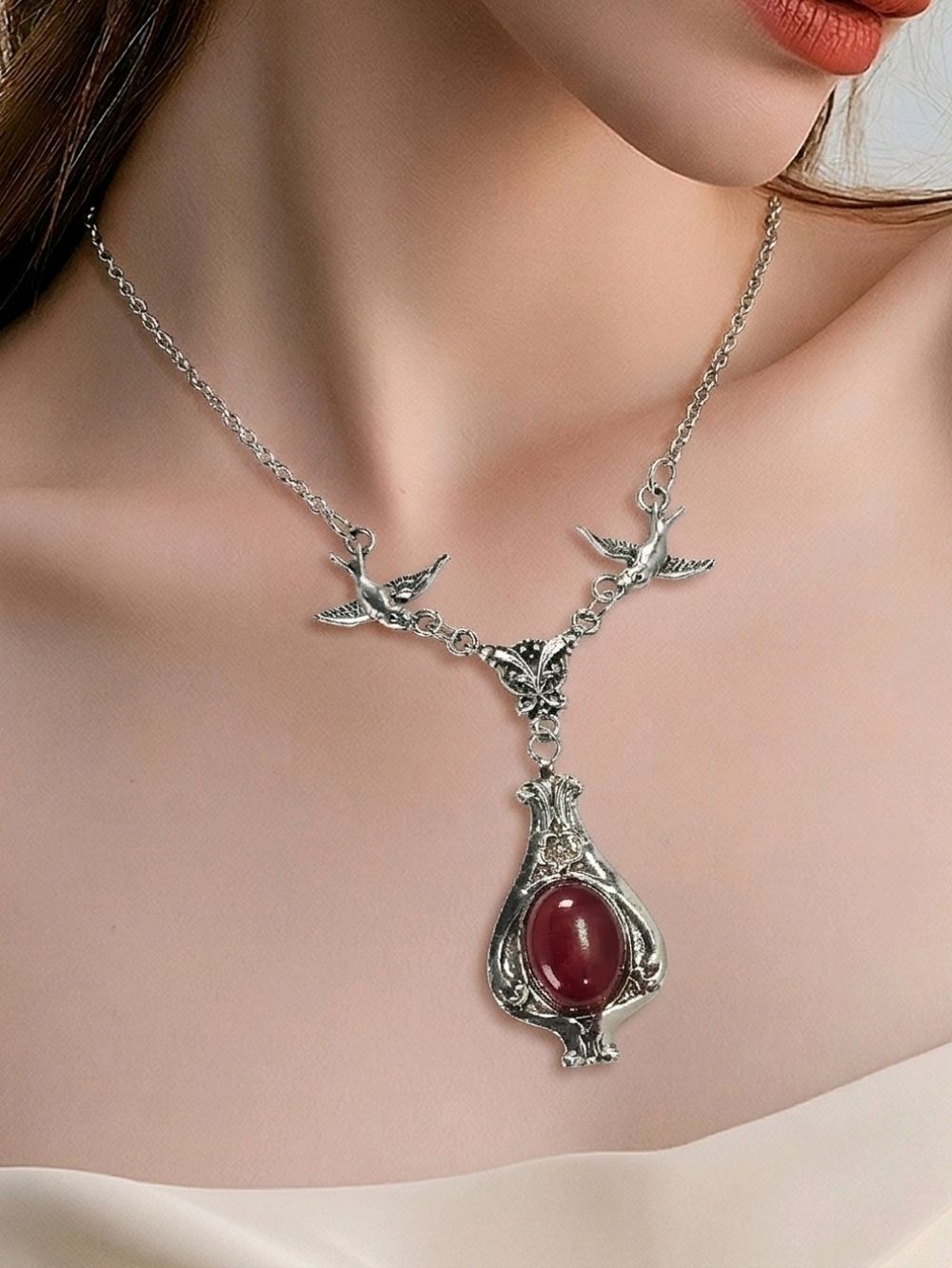 Victorian Bird Necklace Carnelian Oval Pendant Antique Silver Vintage Romance